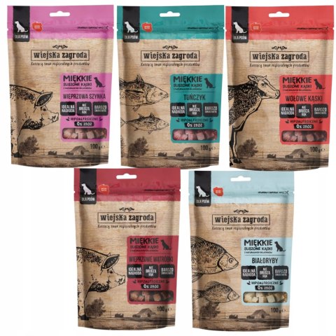 WIEJSKA ZAGRODA PRZYSMAKI MIĘSNE DLA PSA MIX 5X100 G tuńczyk białoryby kąsk