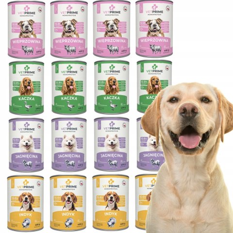 Zestaw VetPrime Monoprotein 16x400g | Karma dla alergika (4 smaki)