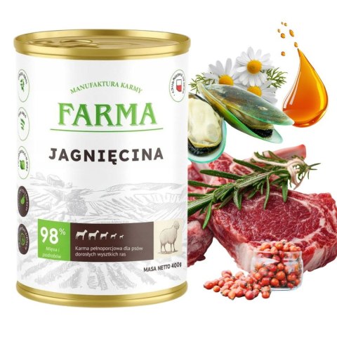 FARMA MONOPROTEINOWA Jagnięcina 400g - Karma mokra dla psa 98%