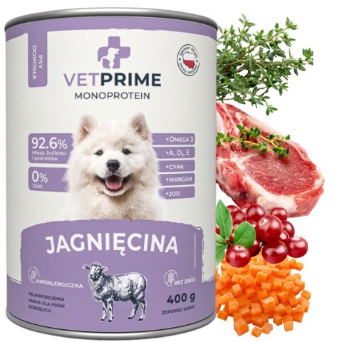 Pakiet VetPrime MONO Jagnięcina - Karma Mokra dla Psów Dorosłych 12X400g