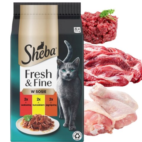 SHEBA MINI Dania mięsne w sosie 6x50g wołowina kurczak jagnięcina