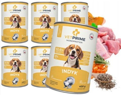 VETPRIME Monoprotein Adult Indyk 400g Karma Mokra dla Psa Bez Zbóż 6x400g