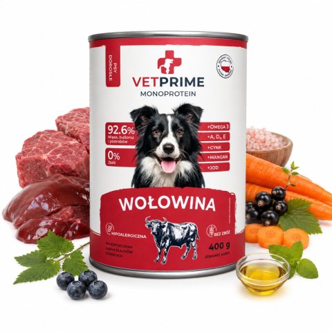 VetPrime Monoprotein Beef 3x400g karma mokra dla psa bez zbóż