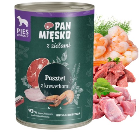PAN MIĘSKO Z ZIOŁAMI PASZTET Z KREWETKAMI 12X400G DLA PSA