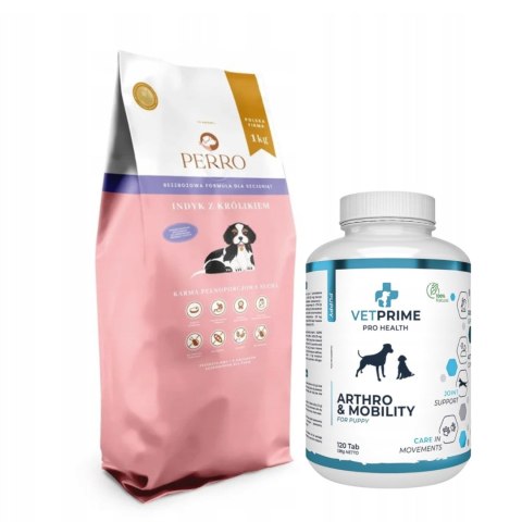 PERRO Indyk z Królikiem Junior dla szczeniąt 9kg VetPrime Suplement na stawy