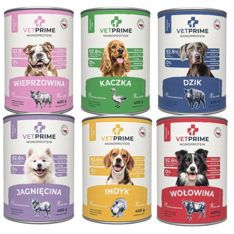 VetPrime MEGA ZESTAW 36x400 Hypoalergiczna karma dla psa MONOPROTEINOWA
