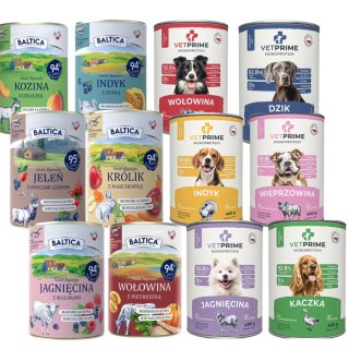 ZESTAW PRÓBNY MIX KARM MONOBIAŁKOWYCH DLA PSA BALTICA VETPRIME 12X400