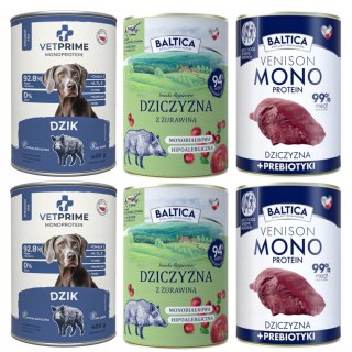 Zestaw Monobiałkowa Dziczyzna 6x400 Mix Pakiet Próbny Baltica VetPrime