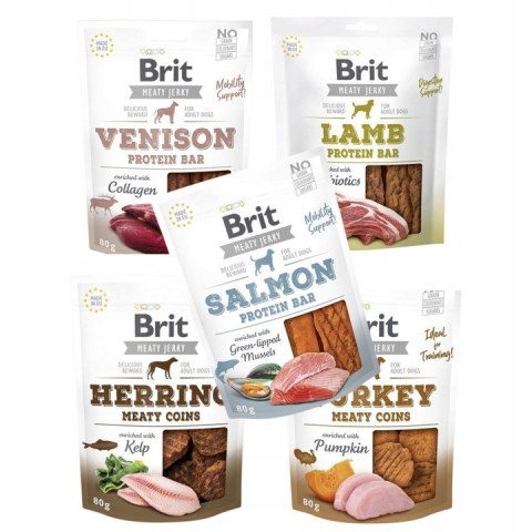 Brit Jerky Dog Snack ZESTAW PYSZNE SMAKI 5X80g naturalne przysmaki