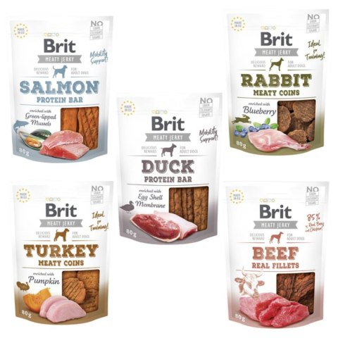 Brit Jerky Snack ZESTAW NAJLEPSZE SMAKI 5 X 80g krolik kaczka dziczyzna