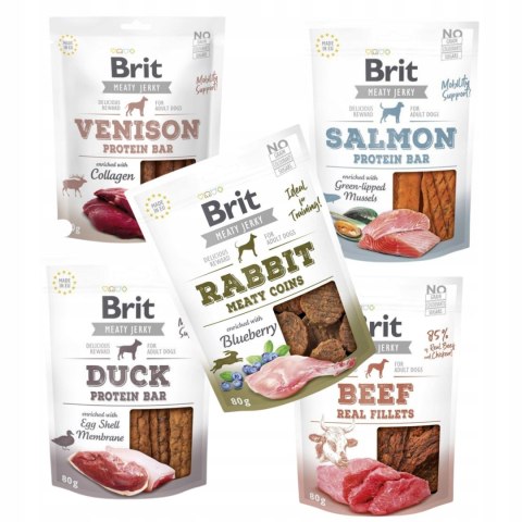 Brit Jerky Snack ZESTAW NAJLEPSZE SMAKI 5 X 80g krolik kaczka dziczyzna
