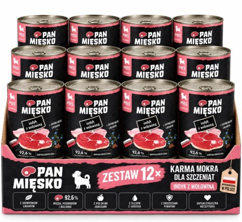 ZESTAW Pan Mięsko Karma Mokra dla Psa Szczeniaka 12x400g + POKRYWKA