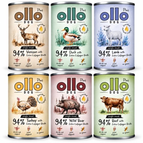 OLLO Plus Kolagen Mix 12x400 g Indyk Kaczka Wołowina Dzik Jeleń Jagnięcina mokra karma dla psa