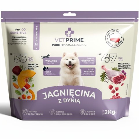 VETPRIME Pure Hypoallergenic Jagnięcina Dynia M/L 12KG