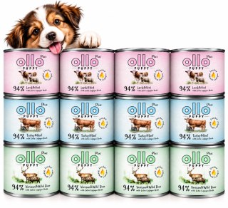 Zestaw Ollo puszka szczeniak Plus Kolagen Puppy Jeleń Dzik 12x200 g