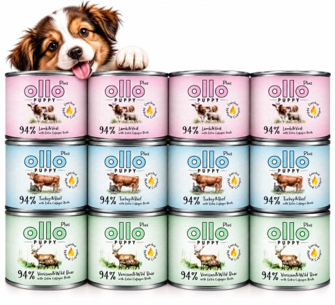 Zestaw Ollo puszka szczeniak Plus Kolagen Puppy Jeleń Dzik 12x200 g